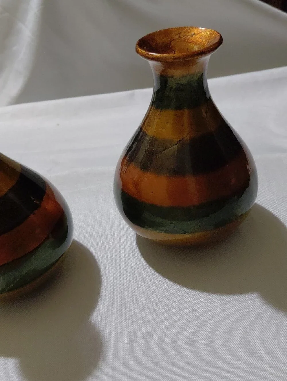 Striped Copper and Forest Green Ceramic Accent Vases - Set of 2